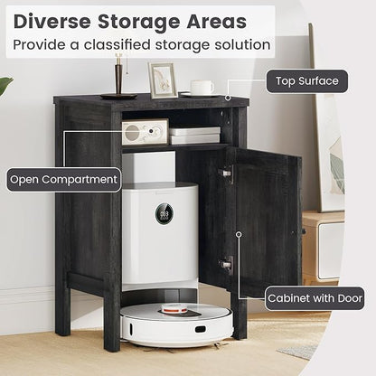 GOFLAME Robot Vacuum Storage Cabinet, Retro Sofa Side End Table with Hidden Robotic Vacuum Cleaner Storage & Open Compartment, Sweeping Robot Stand Cabinet for Living Room (Grey)