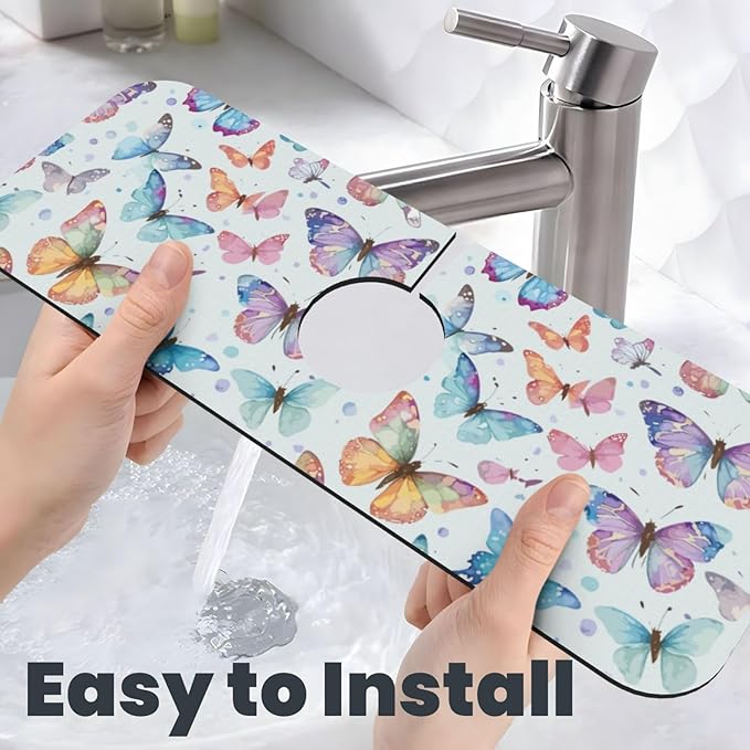 Butterfly Butterflies Kitchen Sink Splash Guard Faucet Mat Super Absorbent Fast Drying Mat Sink Gadgets-Fast Drying Pad Sink Mat For Kitchen Bathroom (15" X 5.5" )