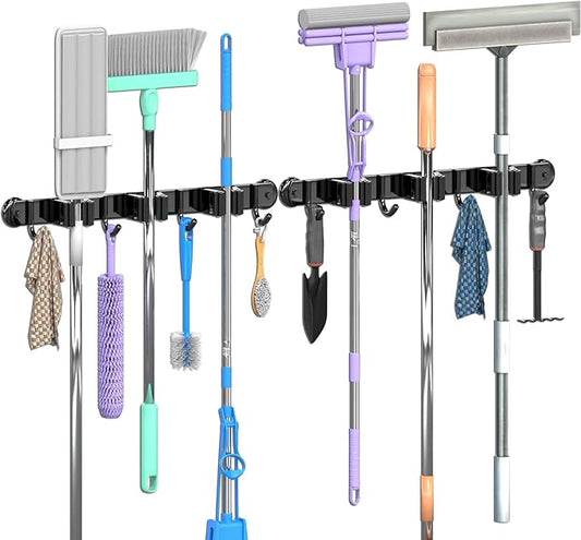 3-H Magnetic Broom Holder Wall Mount 2 Pack, 2-in-1 Dual Mount (No Drill or Screw Fix), 304 Stainless Steel Heavy Duty Magnet Mop Broom Organizer for Kitchen Garden Garage(3 Racks & 4 Hooks,Black)