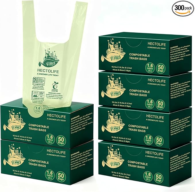 HECTOLIFE 1.6 Gallon 300 Count,Compostable Bags Handle Tie,Tear Resistant Kitchen Food Scrap Waste Bag, ASTM D6400, US BPI and Europe OK Compost Home Certified