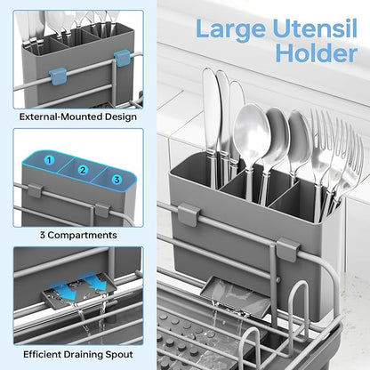 TOOLF Large Dish Drying Rack, Expandable Dish Rack for Kitchen Counter, Multifunctional Dish Drainer, Organization and Storage Essentials with Cup & Cutlery Holders, 16.7"-26.8" L x 12.6" W, Gray