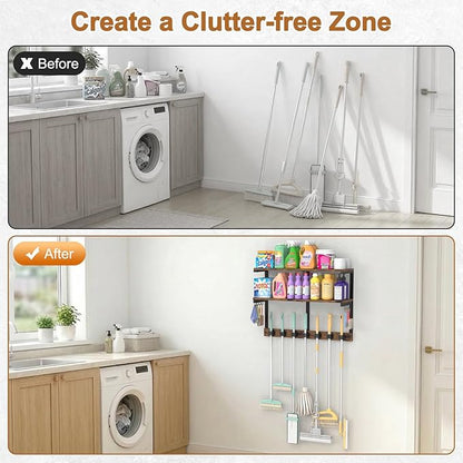Housolution 2 Tier Broom Holder Wall Mount with Cleaning Supplies Organizer, 100 LBS High Load-Bearing Laundry Room Storage Shelves, Multifunctional Mop Hanger Rack with 7 Grippers & 8 Hooks