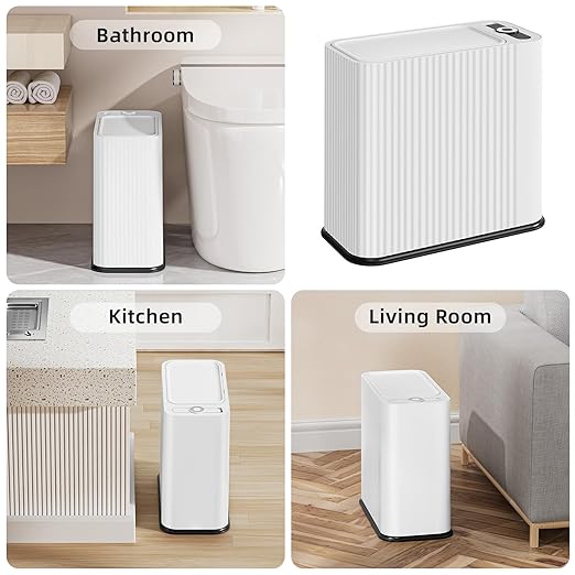 SUBEKYU Bathroom Trash Can with lid,3.5 Gal Small Kitchen Garbage Can,Plastic Office Waste Bin,Slim Wastebasket for Narrow Space,White