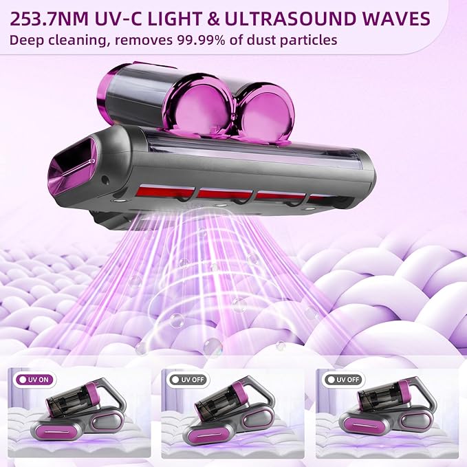 Cordless Mattress Vacuum Cleaner, 16Kpa Handheld Bed Vacuum with 253.7nm UV-C Light, Ultrasonic, Widened Suction, Low Noise, HEPA Filtration for Mattress Sofa Couch Pet Hair, Purple