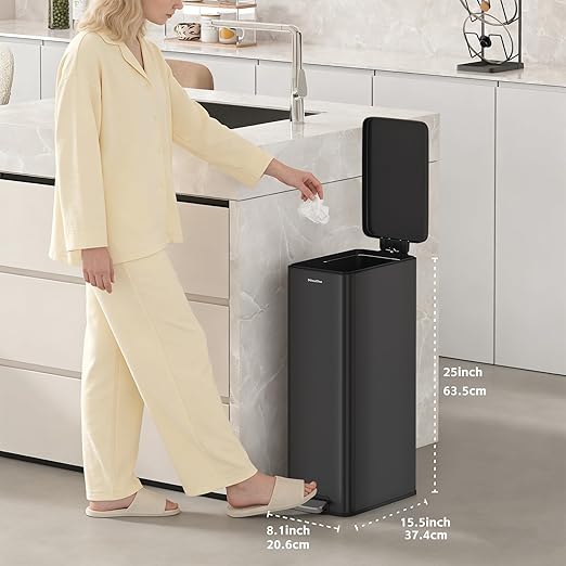 Slim Stainless Steel Trash Can with Lid, 8.1 Gallon Space-Saving Garbage Can-Step Pedal Wastebasket Slim Trash Bin for Office, Bedroom, Living Room, Black