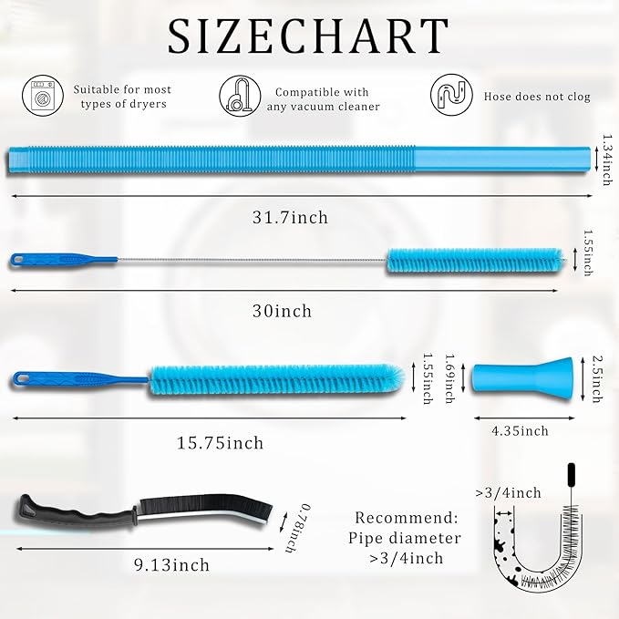 Dryer Vent Cleaner Kit - Compatible Universal Vacuum Attachment Hose with Most Vacuum Cleaner, Dryer Lint Cleaner Kit and Cleaning Brush Tools for Efficient Dryer Vent Hose Maintenance (Blue)