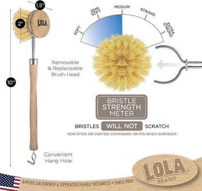 LOLA -The Original - Tampico Vegetable & Dish Brush, 6 Pack, Sustainable Wood Ergonomic Handle w/Tampico Fiber Bristles