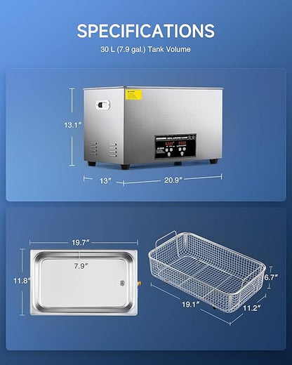 CREWORKS 30L Digital Ultrasonic Cleaning Machine with Heater and Timer, 600W Stainless Steel Ultrasonic Cleaner Machine, 7.9 gal Ultrasonic Parts Cleaner for Retainer Glasses Auto Tool Machine Part
