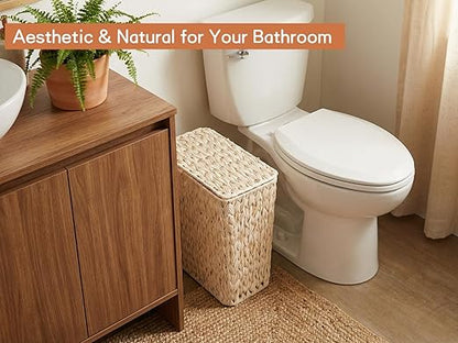 Coeusy Wicker Trash Can with Lid and Liner,Boho Decotative Small Bathroom Trash Cans,Waterproof Slim Waste Basket for Bedroom,Home Office,3 Gallon Cream White