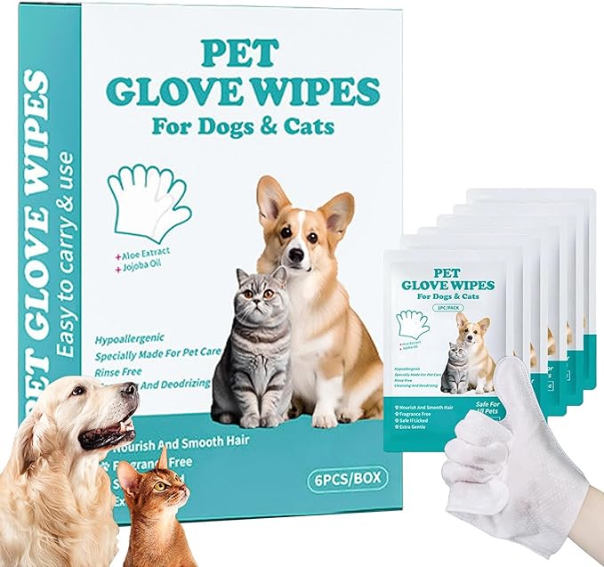 6 Pcs Individually Wrapped Dog Glove Wipes for Paws, Butt, Ears & Eyes | Extra Large Thick Rinse-Free Pet Wipes for Dogs & Cats | Hypoallergenic Fragrance-Free for Travel & Camping