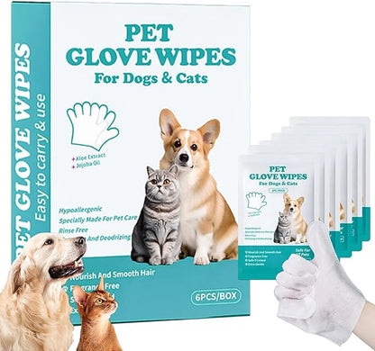 6 Pcs Individually Wrapped Dog Glove Wipes for Paws, Butt, Ears & Eyes | Extra Large Thick Rinse-Free Pet Wipes for Dogs & Cats | Hypoallergenic Fragrance-Free for Travel & Camping