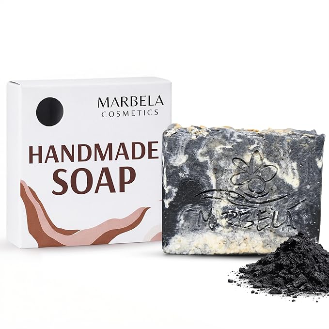 Marbela Cosmetics Handmade Soap Bar - Made in USA, Vegan Friendly, Palm Oil Free, Natural Bar Soap - Gentle Face & Body Soap for Daily Skin Care, Moisturizing & Nourishing - 3.5 oz (Charcoal Scrub)