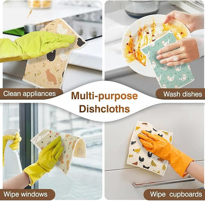 Swedish Dishcloths for Kitchen | 6 Pack Floral Reusable Paper Towels Washable | Swedish Dish Towels | Non-Scratch Cellulose Sponge Cloths | No Odor, Biodegradable Cleaning Cloths, Hen