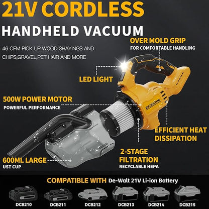 Cordless Vacuum for DE-Walt 20V Battery, 5-in-1 Handheld Electric Vacuum Cleaner with 500W Powerful Motor, 46 CFM Portable Hand Vacuum with HEPA Filter for Car, Carpets, Furniture (No Battery)