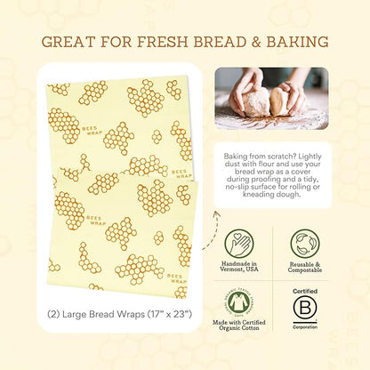 Bee's Wrap Beeswax Wraps for Bread - 2 Pack Beeswax Bread Wrap for Sourdough & Bread Storage - Plastic Free Made in USA Reusable Natural Food Wrap - & Honeycomb