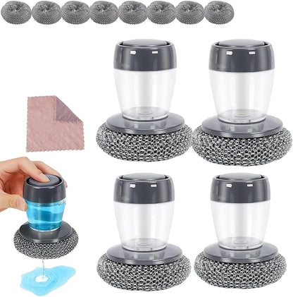 Comfort Grip Soap Dispensing Kitchen Scrub,Dish Brush with Soap Dispenser Steel Wool Scrubber,Soap Dispensing Scrubber for Dishes Pans Kitchen Sink Bathtub Tile and Household (4pcs)