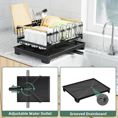 Dish Drying Rack, Dish Rack with Auto-Drainboard Rustproof Kitchen Counter Strainer with Cutlery & Cup Holders—Compact Space Saver for Small Spaces, Black