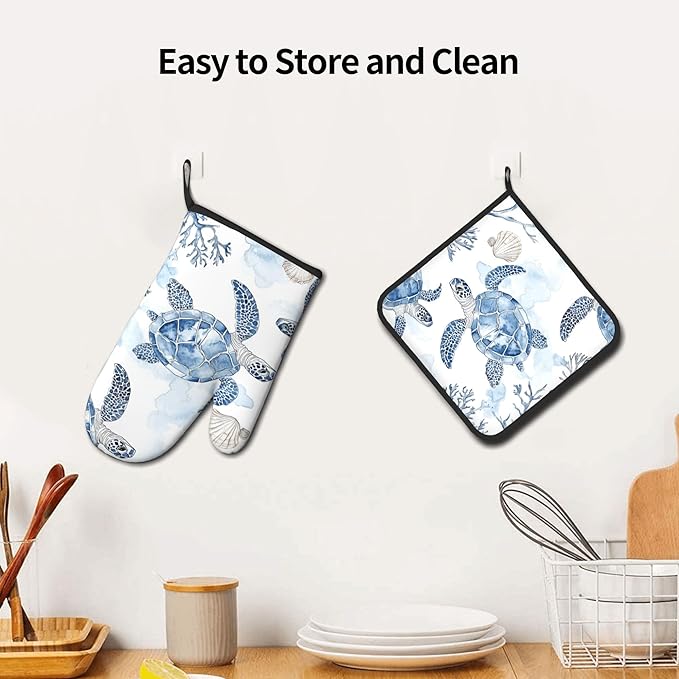 Navy Blue Ocean Sea Turtle Oven Mitts and Pot Holders Sets of 2 Summer Gift for Cooking Enthusiasts Coastal Beach Nautical Coral Kitchen Gloves for Baking BBQ Cooking Grilling Decor
