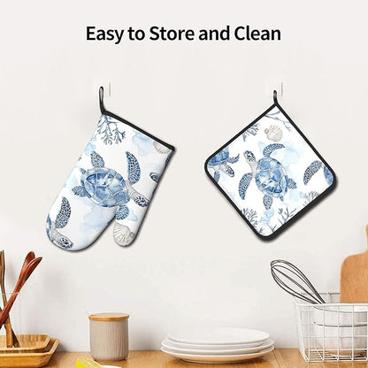 Navy Blue Ocean Sea Turtle Oven Mitts and Pot Holders Sets of 2 Summer Gift for Cooking Enthusiasts Coastal Beach Nautical Coral Kitchen Gloves for Baking BBQ Cooking Grilling Decor