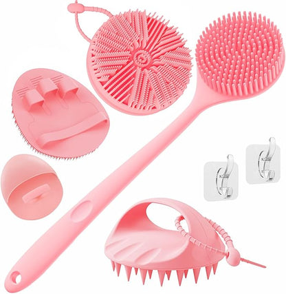 Manmihealth Silicone Back Scrubber & Soft Bath Glove, Silicone Scalp Massager Set 5 PCS, Super-Exfoliating Body Scrubber Shower Brush & Shampoo Brush Combination, with 2 Free Hooks (Style 2 Pink)