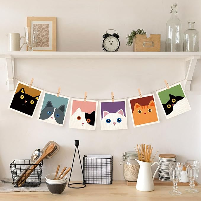 Cute Cat Swedish Dish Clothes Pack of 6, Reusable, Absorbent Hand Towels for Kitchen, Bathroom and Cleaning Counters Cellulose Sponge Cloth