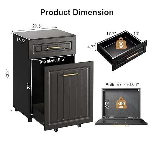 ZIFTY Pull Out Trash Can Cabinet for Double 7 Gallon or 13 Gallon Bin, Freestanding Kitchen Trash Bin Cabinet with Drawer, Pet Proof Hidden Garbage & Recycling Storage for Laundry & Living Room, Black