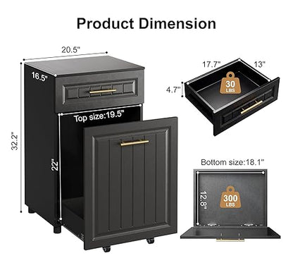 ZIFTY Pull Out Trash Can Cabinet for Double 7 Gallon or 13 Gallon Bin, Freestanding Kitchen Trash Bin Cabinet with Drawer, Pet Proof Hidden Garbage & Recycling Storage for Laundry & Living Room, Black