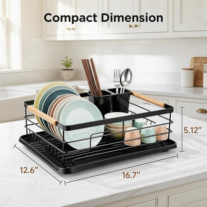 Dish Racks for Kitchen Counter, Thickened Metal Dish Drying Rack with Wooden Handles, Kitchen Countertop Organizer for Dishes, Spoons and Forks, No Assembly, Black, 16.7''*12.6''*5.12''