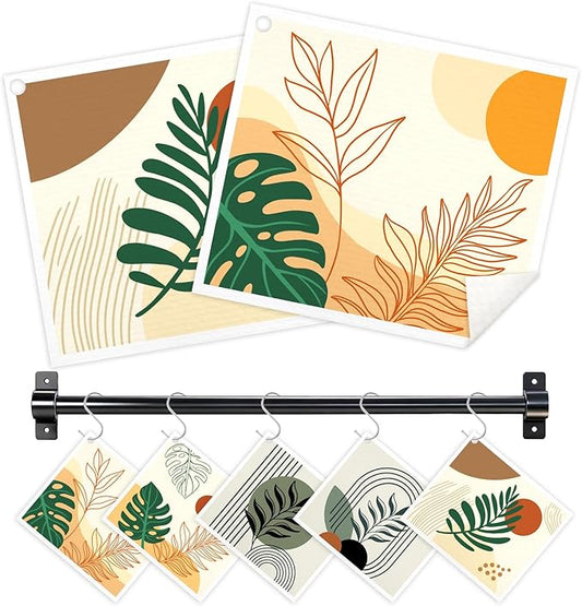 Swedish Dishcloths for Kitchen, 5 Pack Boho Abstract Leaves Reusable Paper Towels with 3 Hooks, Washable Dish Cloth Set, Absorbent Cleaning Cloth for Washing Housewarming Gifts for Friend