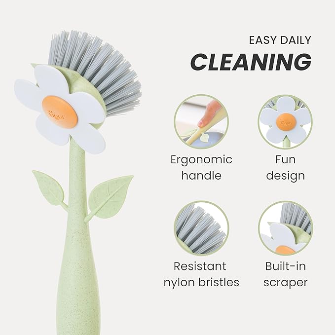Vigar Florganic Dish Brush with Handle & Built-in Stand - Daisy-Shaped Kitchen Scrub Brush for Dishes and Sink Cleaning, Non-Stick Safe Soft Nylon Bristles, Pot Scrubber, Dishwasher Safe – Multicolor