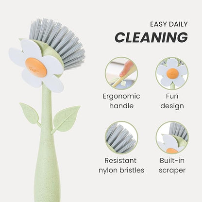 Vigar Florganic Dish Brush with Handle & Built-in Stand - Daisy-Shaped Kitchen Scrub Brush for Dishes and Sink Cleaning, Non-Stick Safe Soft Nylon Bristles, Pot Scrubber, Dishwasher Safe – Multicolor