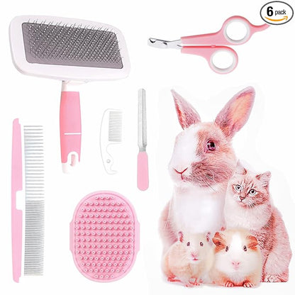 Small Animal Pet Grooming Kit with Pet Shedding Slicker Brush, Bath Massage Glove, Pet Grooming Comb, Nail Clipper Trimmer for Rabbit, Puppy, Kitten, Guinea Pig, Hamster, Ferret (Pink)
