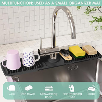 24 Inch Silicone Faucet Mat for Kitchen Sink Splash Guard - 7° Slope Water Draining Mat With Fasten Button for Bathroom Area (Black, 24''x5.5'')