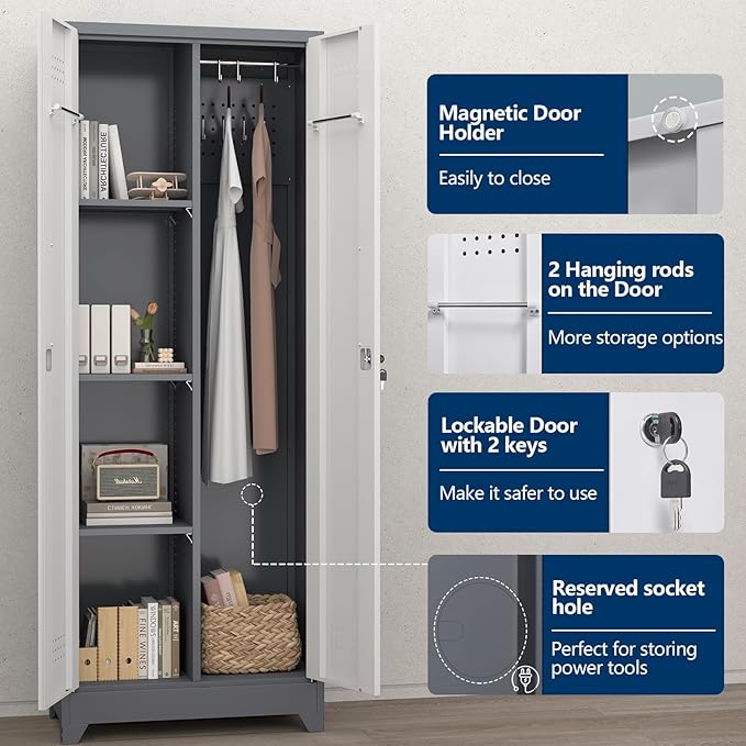 Metal Storage Cabinet with Lockable Doors, 65" Steel Utility Cabinet for Garage & Home Office, Tall Broom Closet with Adjustable Shelves, Vents & Cable Hole for Tools, White/Grey