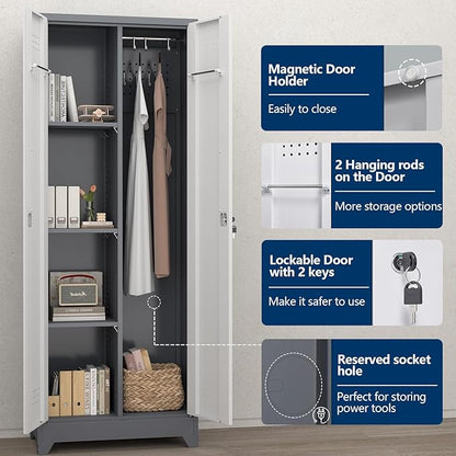 Metal Storage Cabinet with Lockable Doors, 65" Steel Utility Cabinet for Garage & Home Office, Tall Broom Closet with Adjustable Shelves, Vents & Cable Hole for Tools, White/Grey