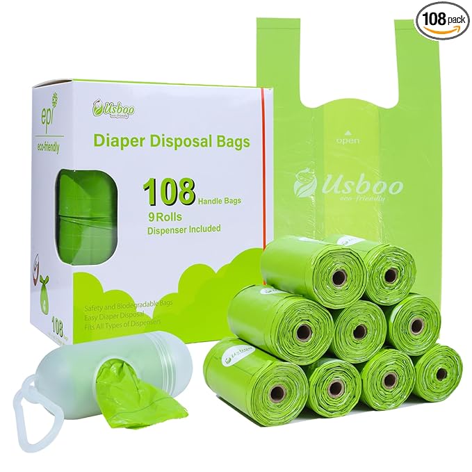 USBOO Disposable Diaper Bags for Baby, 9 Refill Rolls/108 Bags，OXO-Biodegradable Diaper Sacks with Dispenser,Easy-Tie Handles,Large Dirty Diaper Disposal or Pet Waste Bags