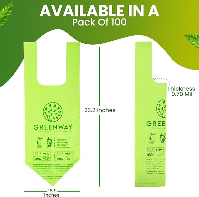 GREENWAY 3 Gallon Compostable Bags with Handles – 100 Count, Extra Thick 0.70 Mil – BPI & OK Home Certified – Small Trash Bags for Countertop Compost Bins, Food Waste, Bathroom, Cat Litter