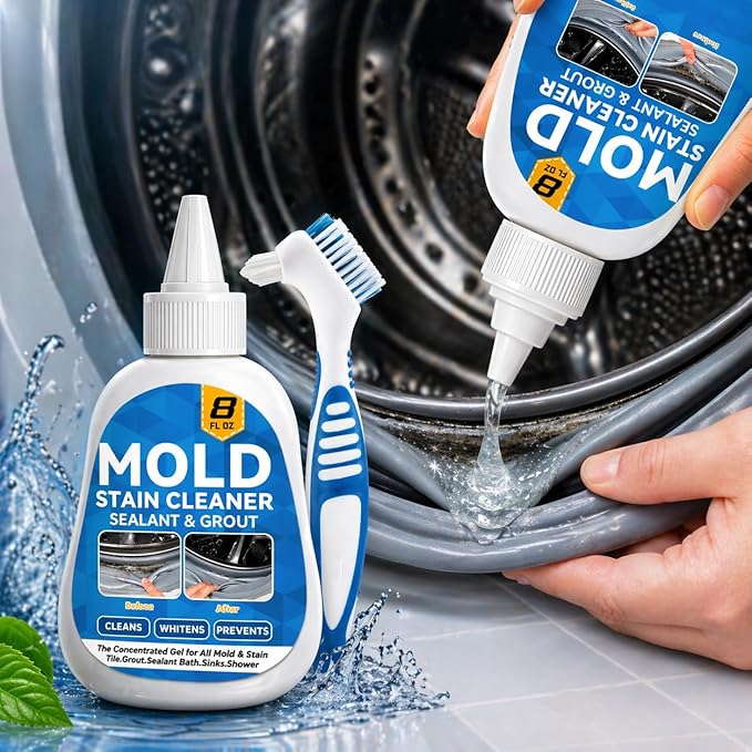 Mold Stain Cleaner, 8 Floz Washing Machine Cleaner Gel with Brush, Household All-Purpose Cleaner Highly Effective in Penetrating for Grout, Fridge, Bathroom, Shower, Front Load Washer, Tile Bathtub