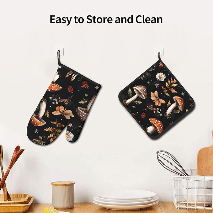 Mushroom Oven Mitts Set – Vintage Pot Holders Kitchen Gloves for Women Farmhouse Kitchen Mitts Floral Herb Potholders Set of 2 Durable for Cooking Baking
