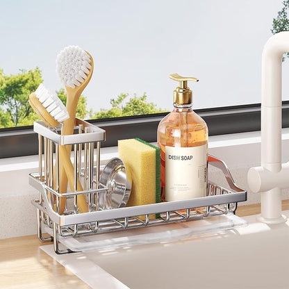 Consumest Sink Caddy, Kitchen Sponge Holder with Dish Brush Holder, Kitchen Organizer with Drip Tray for Countertop, Stainless Steel Rustproof - Silver