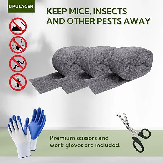 Steel Wool Mice Control - 3 Pack 3'' x 11Ft Steel Wool 0000 - Fine SteelWool Included Work Gloves & Scissors - Mouse Wall Hole Filler for Home, Garden & Garage