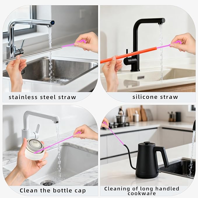 Silicone Straw Cleaner Brush, 4Pcs Reusable Straw Brush Set with Extra-Long Design for Cleaning Thin Metal Straws and Wider Milkshake Straws （6mm+9mm Purple)