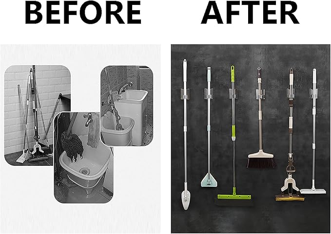 HANZE Stainless Steel Mop Broom Holder Organizer, Self Adhesive Wall Mounted Mop Organizer Storage Rack Clip for Kitchen Bathroom and Garage (Model 2 (4 Pakck))