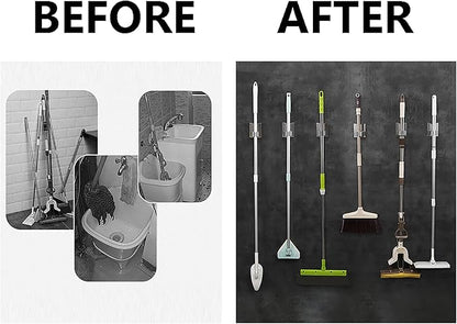 HANZE Stainless Steel Mop Broom Holder Organizer, Self Adhesive Wall Mounted Mop Organizer Storage Rack Clip for Kitchen Bathroom and Garage (Model 2 (4 Pakck))