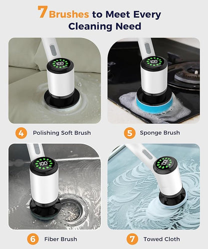 Electric Spin Scrubber, Cordless Cleaning Brush with 7 Replaceable Brush Heads, 2-Speed Adjustable Handle Shower Scrubber, IPX7 Waterproof for Bathroom, Tub, Tile & Floor, Teens, White-qb1...