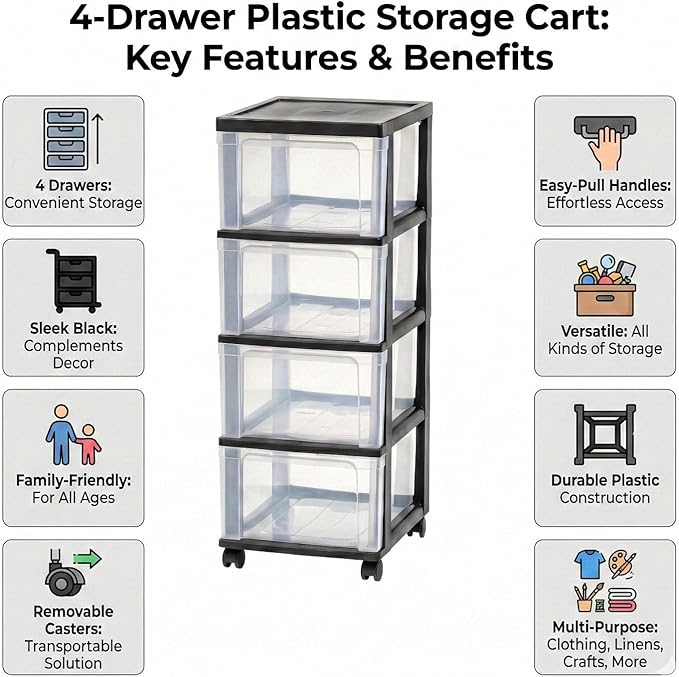 4-Drawer Narrow Storage Cart with Wheels - 32.5" Tall Slim Rolling Plastic Drawer Organizer Tower for Bathroom, Laundry Room, Kitchen & Office - Mobile Utility Unit with Clear Bins (Black)