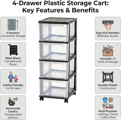 4-Drawer Narrow Storage Cart with Wheels - 32.5" Tall Slim Rolling Plastic Drawer Organizer Tower for Bathroom, Laundry Room, Kitchen & Office - Mobile Utility Unit with Clear Bins (Black)