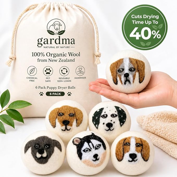 Wool Dryer Balls & Essential Oils for Laundry Bundle – 6 XL Puppy Reusable Dryer Balls with 6 Pack Essential Oils for Dryer Balls, Diffusers & Natural Fabric Softening