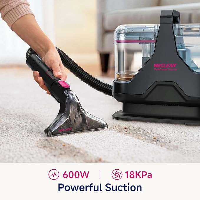 Portable Carpet Cleaner，18kPa Handheld Spot Cleaner for Upholstery and Car Interior，Cordless Pet Stain Remover with 500ml Tank，Lightweight for Sofa，Couch，Stairs，Mattress，Black and Pink