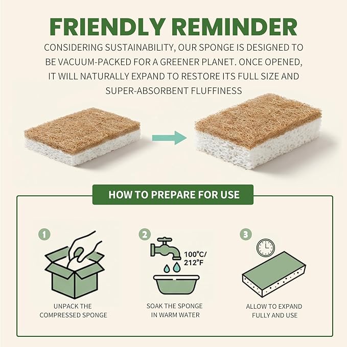 Metflavor 12 Pack Natural Kitchen Sponges, Biodegradable Non-Scratch Cellulose Sponge with Coconut Scrubber for Dishes, Compostable, Non Toxic Cleaning Sponges for Kitchen, Bathroom, Household